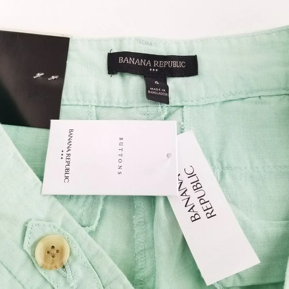Banana Republic Linen Cropped Pants Womens 4 Cuffed Hem Teal New w/ Tag NWT $49